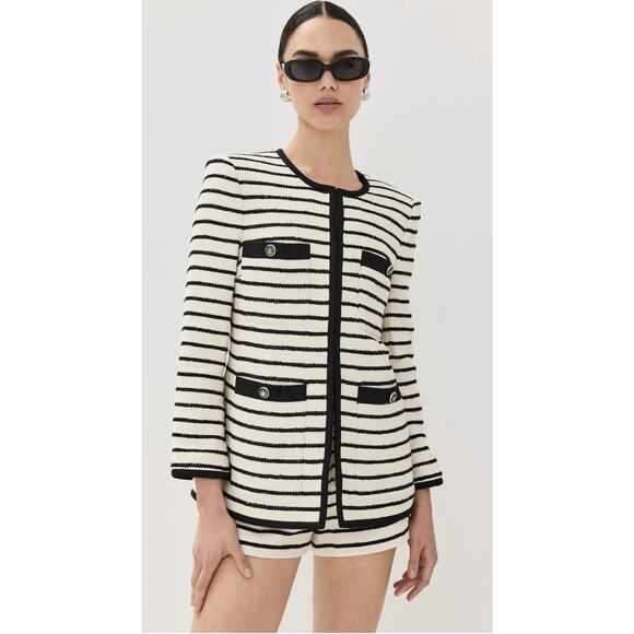 Veronica Beard Foster Dickey Jacket 8 Striped White Black Cotton Linen Blend